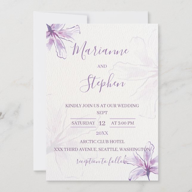 Purple Floral Watercolor Wedding Invitation (Devant)