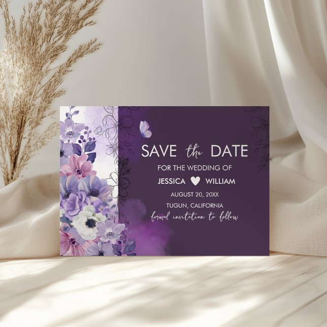 Purple Floral Wedding Save the Date Card (Créateur téléchargé)