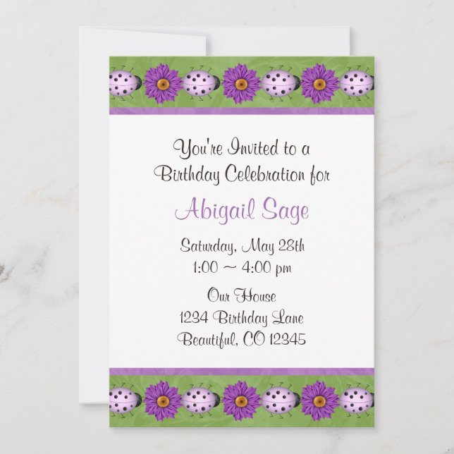 Purple Flower & Ladybug Invitation Anniversaire (Devant)