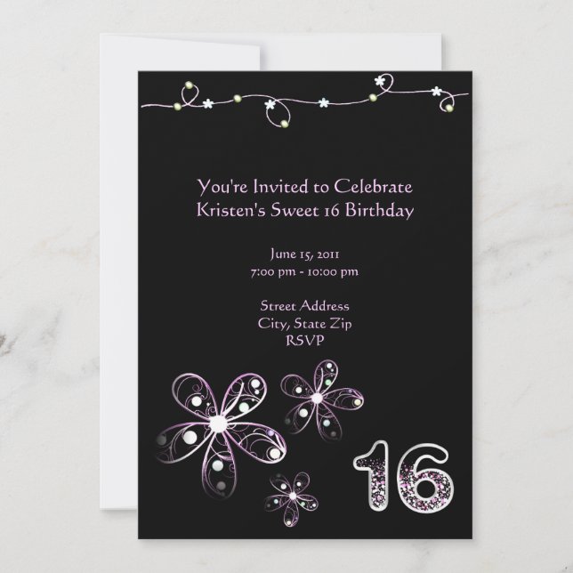 Purple Flower Sweet 16 Anniversaire Invitation (Devant)
