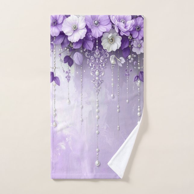 Purple Flowers with Dangling Pearls Towel Set (Serviette à main)
