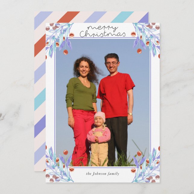 Purple Foliing Holly Berries Photo Carte de Noël (Devant / Derrière)