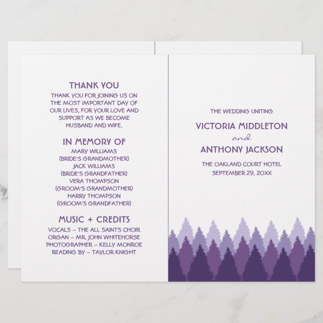 Purple Forest Range Woodland Wedding Programme (Devant / Derrière)