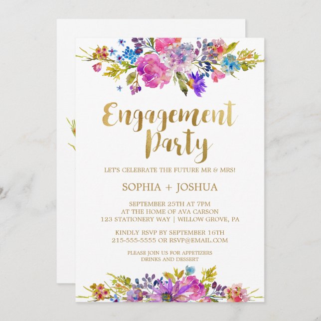 Purple Garden Gold Engagement Party Invitation (Devant / Derrière)