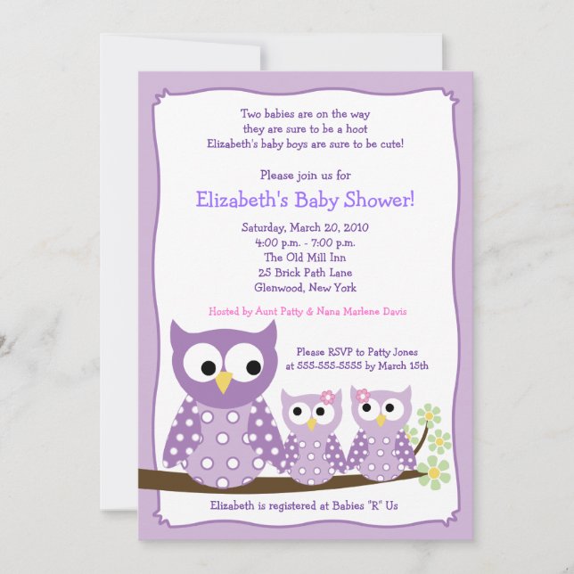 Purple Girl Twin Hoot Owls Baby shower Invitation (Devant)