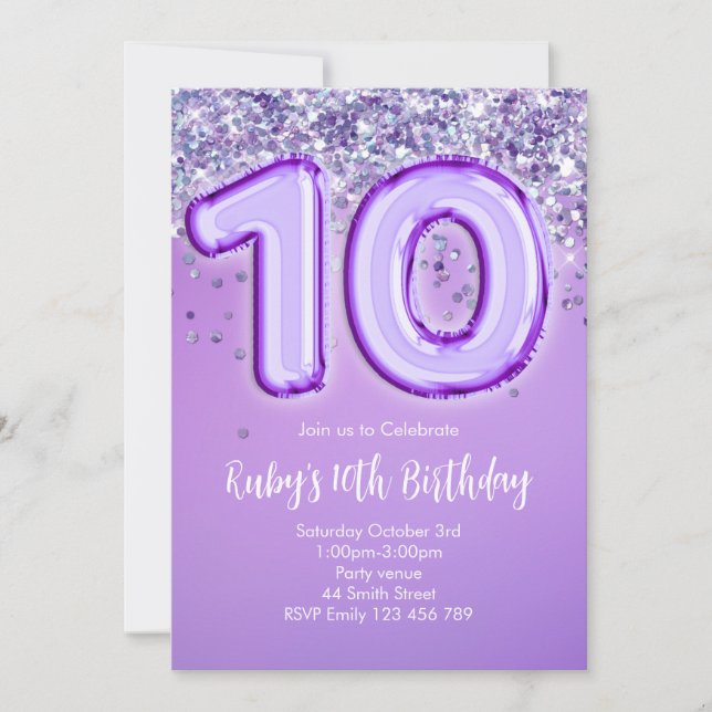 Purple Glitter 10th Birthday Invitation (Devant)