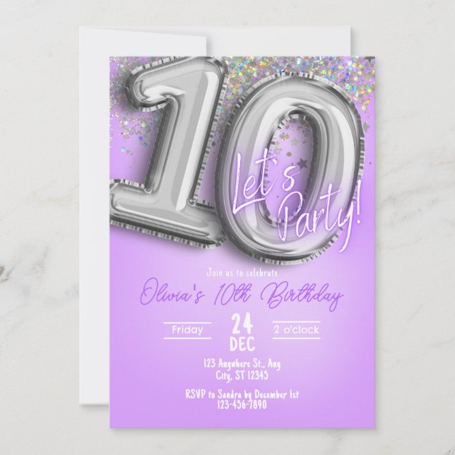 Purple Glitter 10th Birthday Invitation (Devant)
