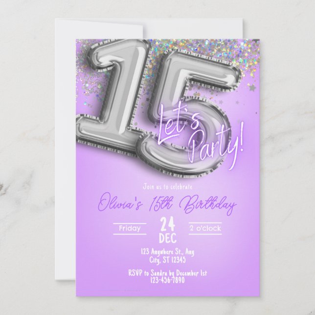 Purple Glitter 15th Birthday Invitation (Devant)