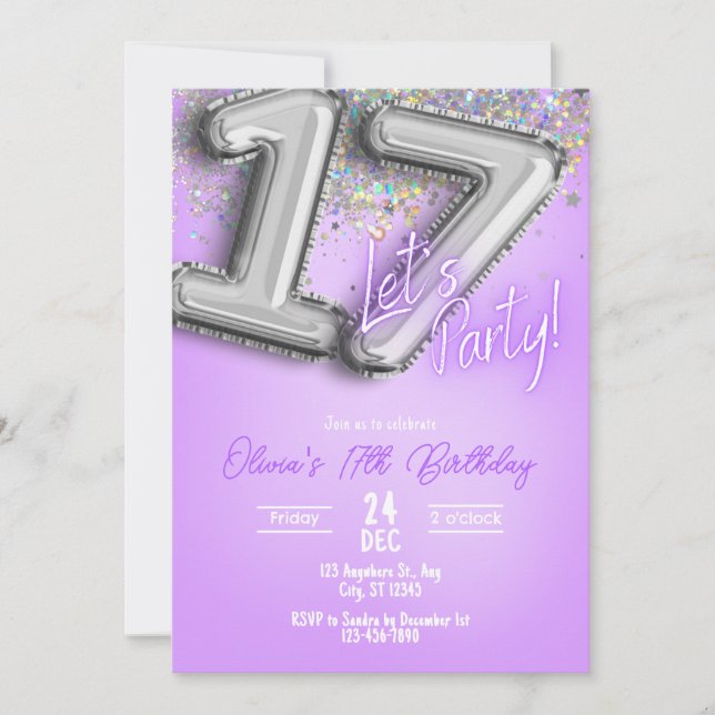 Purple Glitter 17th Birthday Invitation (Devant)