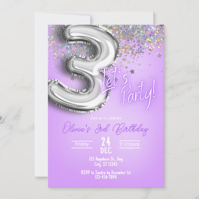 Purple Glitter 3rd Birthday Invitation (Devant)