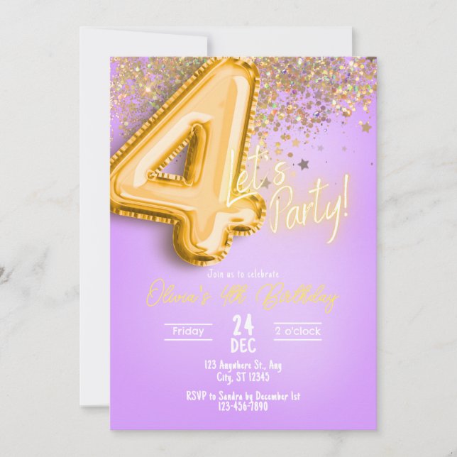 Purple Glitter 4th Birthday Invitation (Devant)