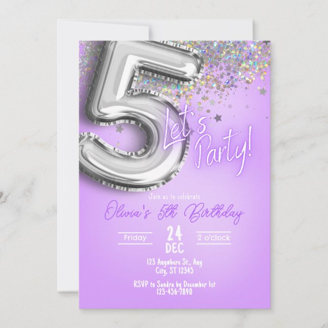 Purple Glitter 5th Birthday Invitation (Devant)