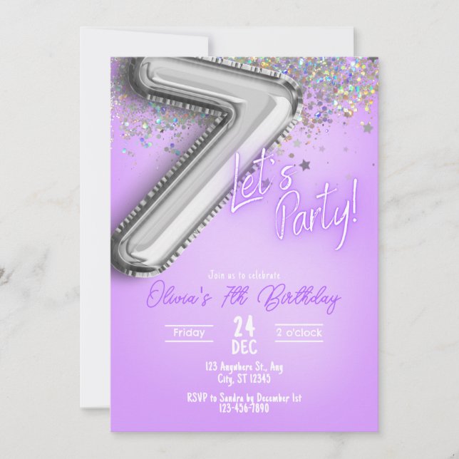 Purple Glitter 7th Birthday Invitation (Devant)