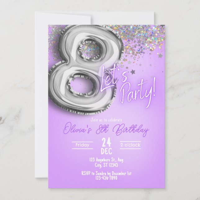 Purple Glitter 8th Birthday Invitation (Devant)