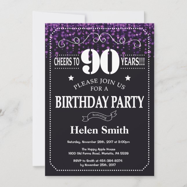 Purple Glitter 90th Birthday Invitation (Devant)