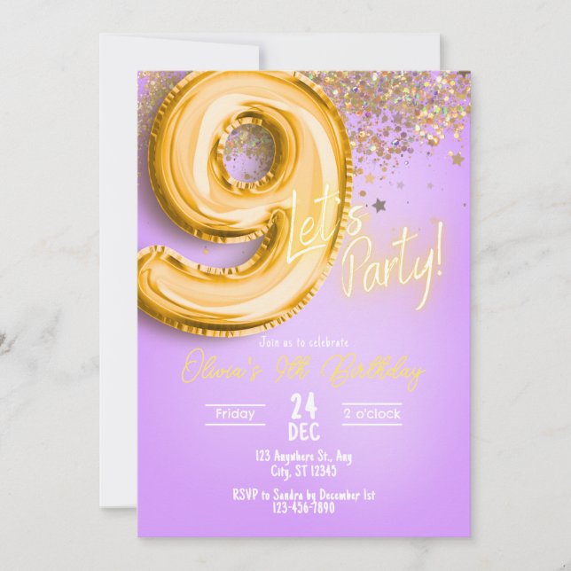 Purple Glitter 9th Birthday Invitation (Devant)