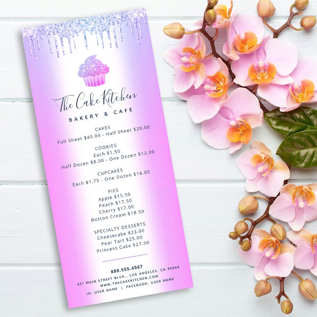 Purple Glitter Bakery Cupcake Pastry Chef Menu  (Créateur téléchargé)