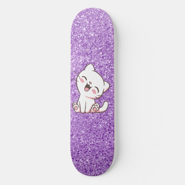 Purple Glitter Cat Skateboard Deck (Recto)