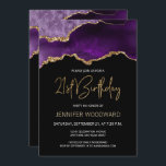 Purple Gold Agate 21e fête d'anniversaire<br><div class="desc">Cette élégante invitation de 21ème anniversaire présente une aquarelle d'une géode d'agate dans les tons violet avec des reflets d'or. Les mots "21e anniversaire" apparaissent dans la parties scintillant en faux or dans la police décorative moderne d'écriture manuscrite. Customisez-le avec le nom de l'invité d'honneur en texte doré et les...</div>