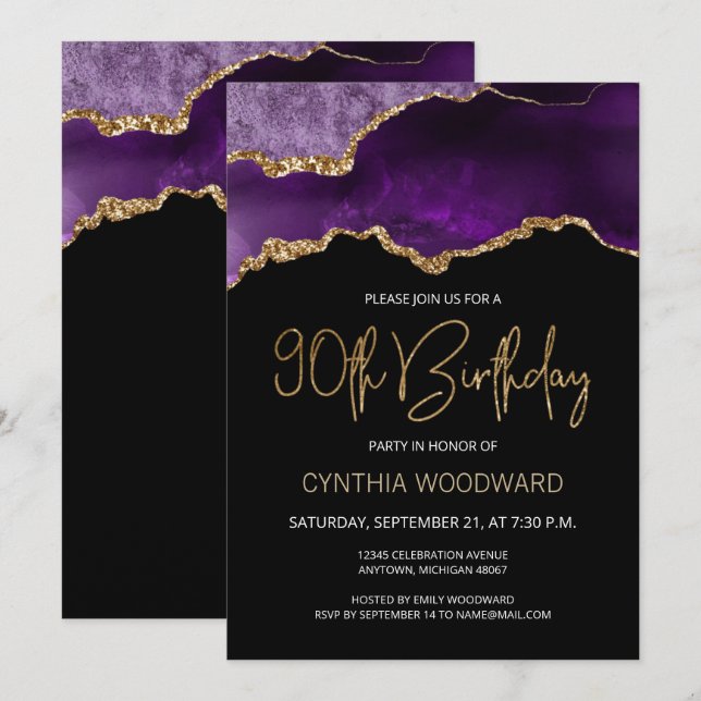 Purple Gold Agate 90th Birthday Party Invitation (Devant / Derrière)
