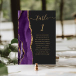 Purple Gold Agate Dark Mariage Numéro de table<br><div class="desc">Le bord gauche de cette élégante carte de numéro de table mariage moderne comporte une bordure d'aquarelle violette ornée d'une parties scintillant en faux or. Le mot "table" apparaît dans un script d'écriture manuscrite de couleur or sur un arrière - plan non noir. Ajoutez les noms de vos invités qui...</div>
