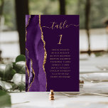 Purple Gold Agate Plum Mariage Numéro de table<br><div class="desc">Le bord gauche de cette élégante carte de numéro de table mariage moderne comporte une bordure d'aquarelle violette ornée d'une parties scintillant en faux or. Le mot "table" apparaît en écriture manuscrite de couleur or sur un riche arrière - plan de prune. Ajoutez les noms de vos invités qui sont...</div>