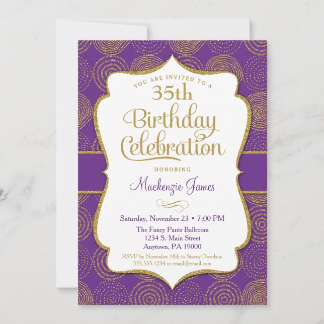 Purple Gold Anniversaire Invitation Adult Party (Devant)
