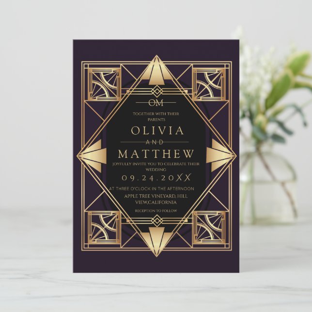 Purple & Gold Art Deco Wedding Invitation  (Debout devant)