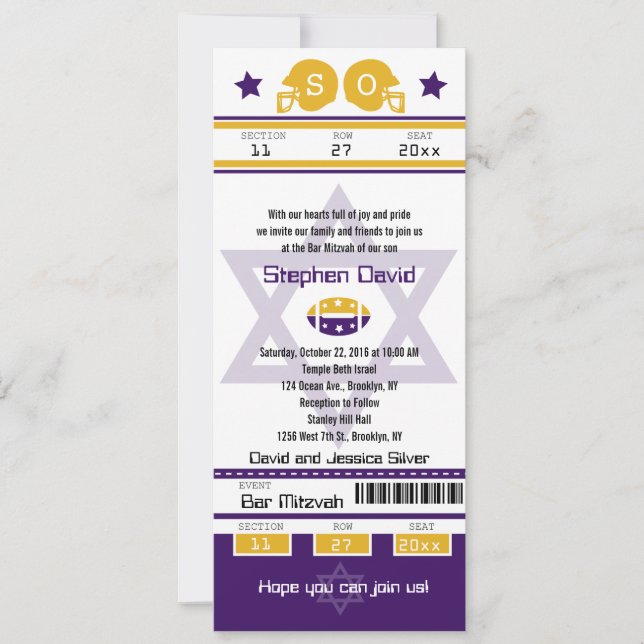 Purple Gold Bar Mitzvah Football Ticket Invitation (Devant)