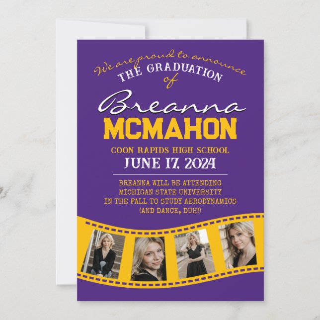 Purple & Gold Filmstrip Graduation Faire-part (Devant)