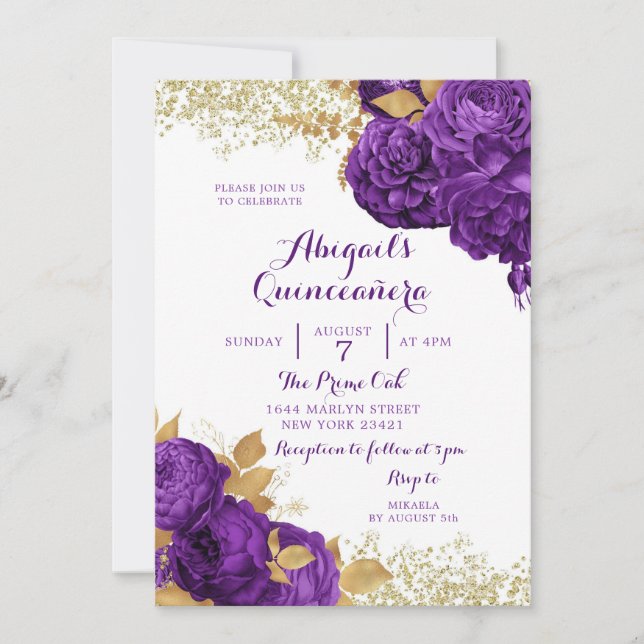 Purple Gold Floral Mexicain Quinceañera Invitation (Devant)