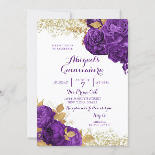 Purple Gold Floral Mexicain Quinceañera Invitation
