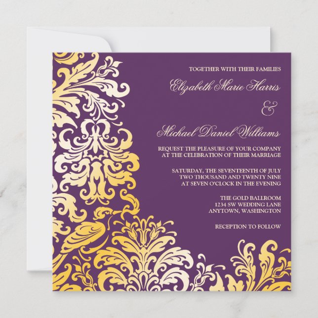 Purple Gold Flourish Mariage damassé Invitations (Devant)