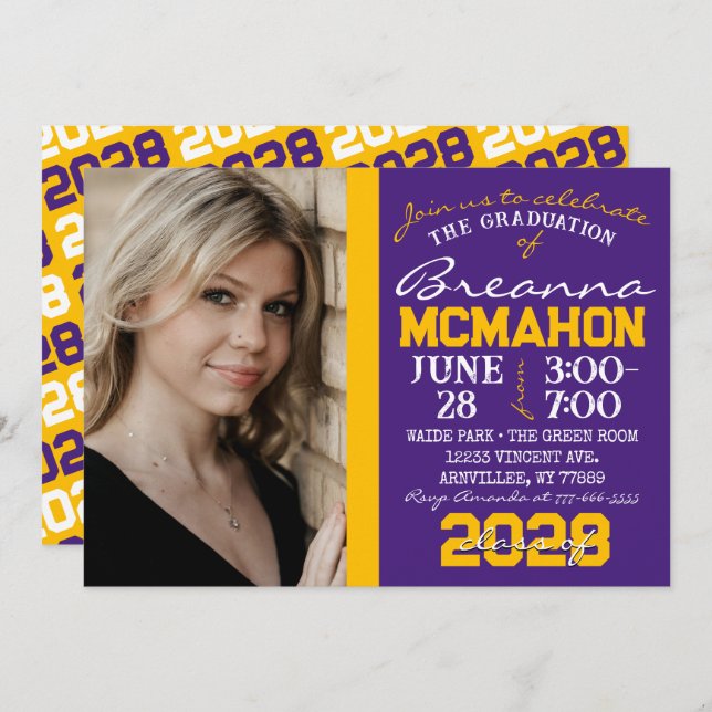 Purple & Gold Graduation Photo Invitation (Devant / Derrière)