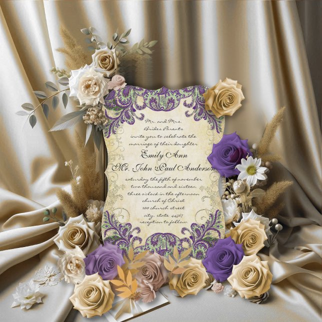 Purple Gold & Green Peacock Invitations de mariage (Créateur téléchargé)