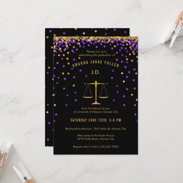 Purple & Gold Law School Graduation Invitation (Devant/Arrière en situation)