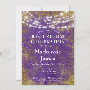 Purple Gold Lumières Anniversaire Fête Invitation 
