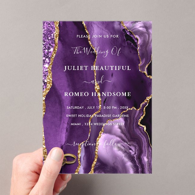 Purple Gold Marble Wedding Invitation with Rings (In situ (ordinateur de poche))