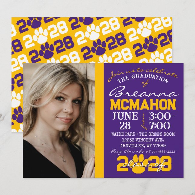 Purple & Gold Pawprint Graduation Photo Invitation (Devant / Derrière)