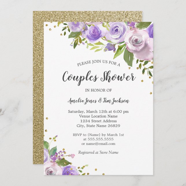 Purple Gold Sparkle Floral Couples Invitation de d (Devant / Derrière)