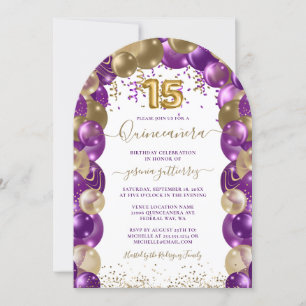 Purple Gold Sparkle Quinceañera Balloon Invitation