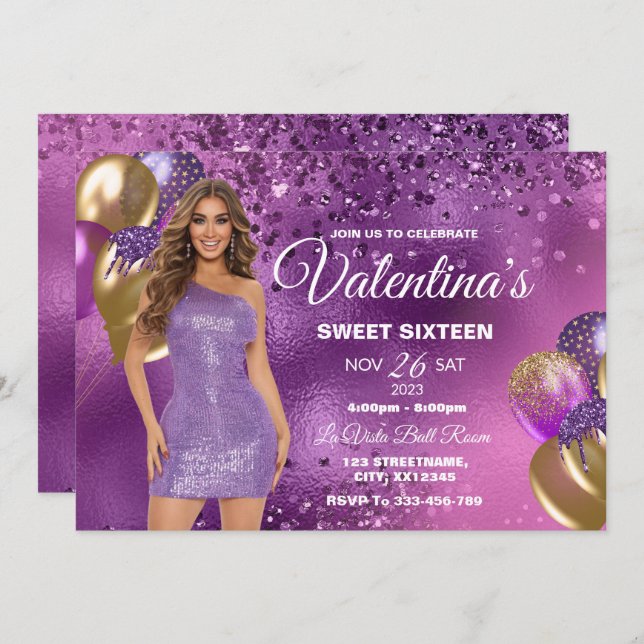 Purple & Gold Sweet 16 Girl Birthday Invitation (Devant / Derrière)