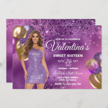 Purple & Gold Sweet 16 Girl Birthday Invitation