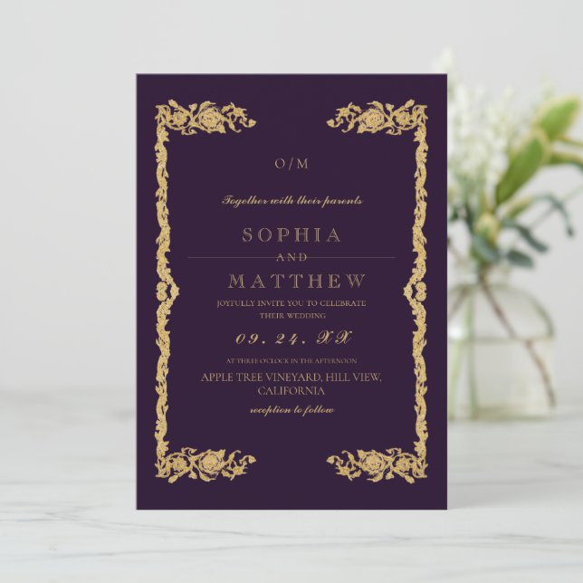  Purple Gold Wedding Photo Invitation (Debout devant)