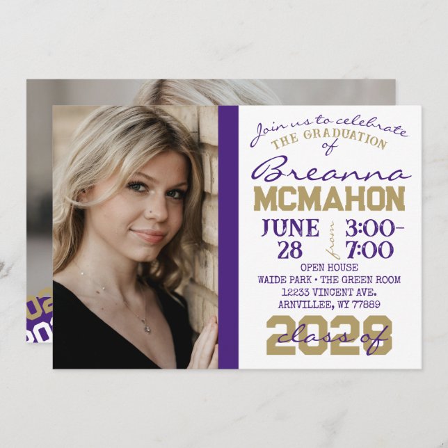 Purple, Gold & White Graduation 2 Photo Invitation (Devant / Derrière)