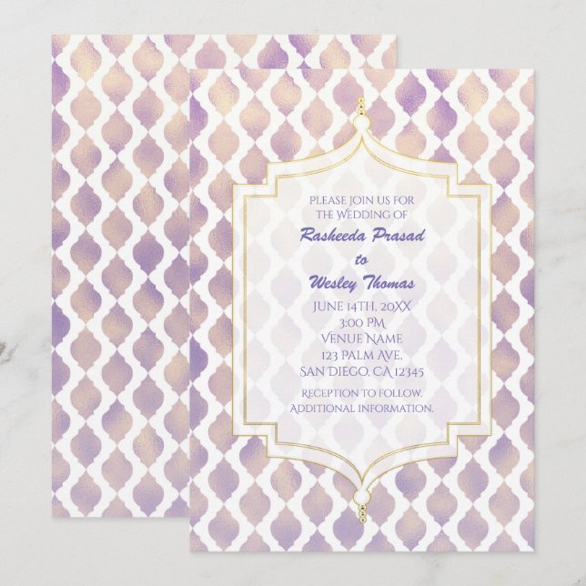 Purple Gold & White Marocain Mariage Invitations (Devant / Derrière)