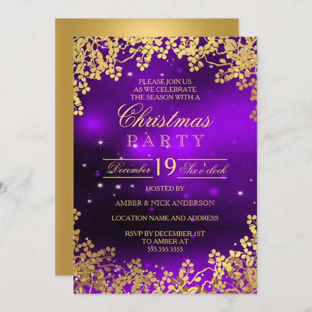 Purple Gold Wreath Christmas Party Invitation (Devant / Derrière)