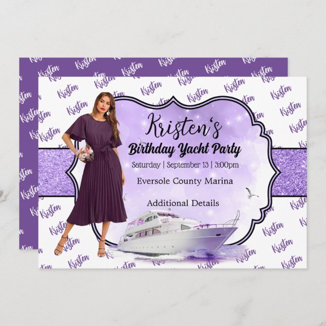 Purple Gold Yacht Party Anniversaire Invitation (Devant / Derrière)