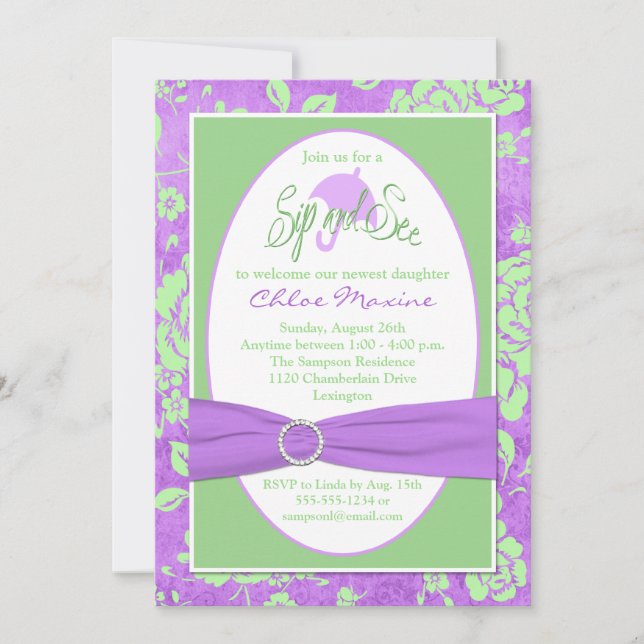 Purple Green Blanc Floral Sip et voir Invitation 2 (Devant)