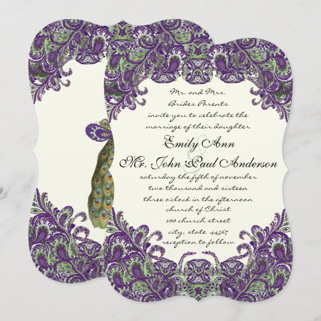 Purple & Green Peacock Ivory Wedding Invitations (Devant / Derrière)